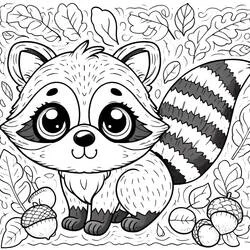Coloriage Bébé raton laveur assis parmi les feuilles et les glands