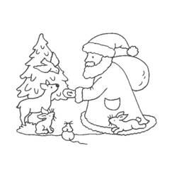 Coloriage Biche accueillie par le Père Noël près d'un sapin