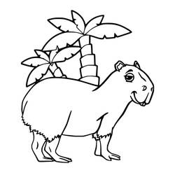 Coloriage Capybara debout près de palmiers