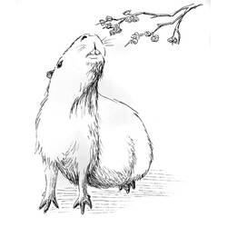 Coloriage Capybara reniflant une branche fleurie