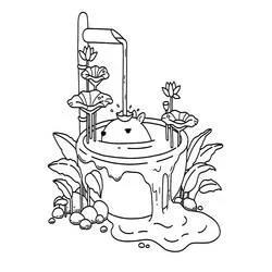 Coloriage Capybara détendu dans une fontaine de bambou