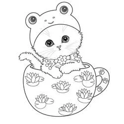 Coloriage Chaton coiffé d'un bonnet grenouille dans une tasse