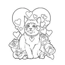 Coloriage Chaton assis entouré de cœurs et de roses
