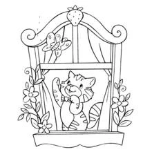 Coloriage Chaton assis à une fenêtre décorée