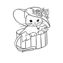 Coloriage Chaton avec un chapeau à fleurs dans une boîte rayée