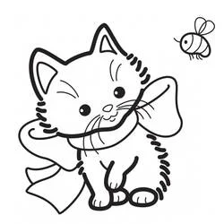 Coloriage Chaton avec un nœud regardant une abeille
