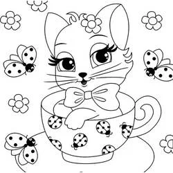 Coloriage Chaton assis dans une tasse à thé avec des coccinelles