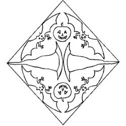 Coloriage Chauve-souris en mandala avec citrouilles dans un cadre en losange
