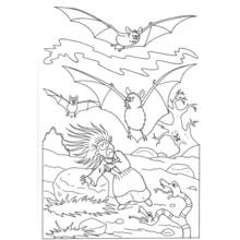 Coloriage Chauve-souris poursuivant un homme parmi les rochers et serpents
