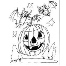 Coloriage Chauve-souris volant au-dessus d'une citrouille d'Halloween