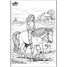 Coloriage Cheval monté par une jeune fille près d'une ferme