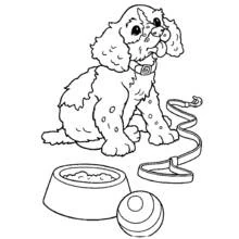 Coloriage Chien assis avec sa gamelle et sa laisse