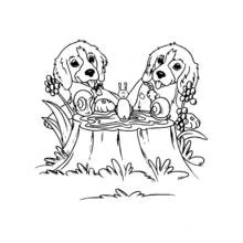 Coloriage Chien chiots observant un escargot sur une souche