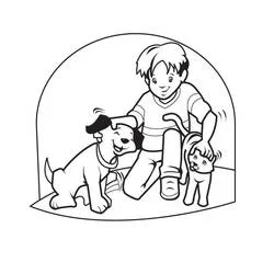 Coloriage Chien et Chat jouant avec un garçon