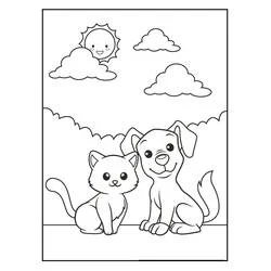 Coloriage Chien et Chat assis ensemble sous le soleil