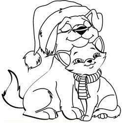 Coloriage Chien et Chat partageant un câlin de Noël