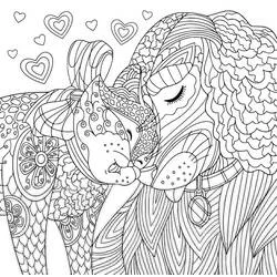 Coloriage Chien et Chat câlins entourés de coeurs