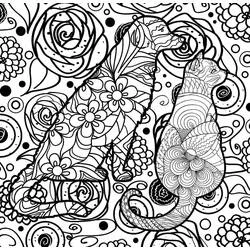 Coloriage Chien et Chat assis côte à côte dans un décor floral