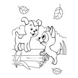 Coloriage Chien et Chat jouant sur un tronc
