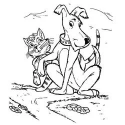 Coloriage Chien et Chat assis ensemble sur un chemin