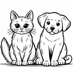 Coloriage Chien et Chat assis côte à côte