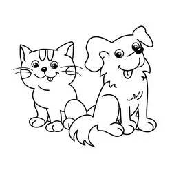 Coloriage Chien et Chat assis côte à côte