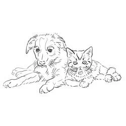 Coloriage Chien et chat allongés côte à côte