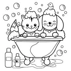 Coloriage Chien et Chat prenant un bain moussant