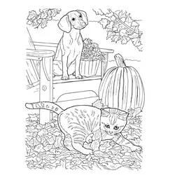Coloriage Chien et Chat jouant dans les feuilles d'automne