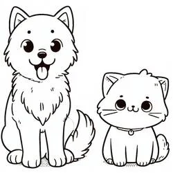 Coloriage Chien et Chat assis côte à côte