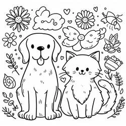 Coloriage Chien et Chat assis parmi les fleurs