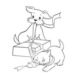 Coloriage Chien et Chat jouant avec un ruban de cadeau