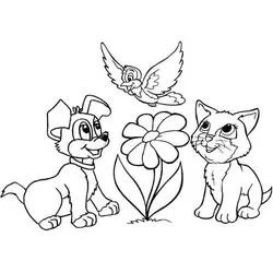 Coloriage Chien et chat assis avec un oiseau et une fleur