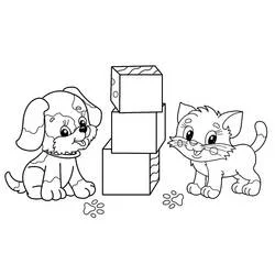 Coloriage Chien et Chat jouant avec des cubes empilés
