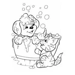 Coloriage Chien et Chat prenant un bain moussant