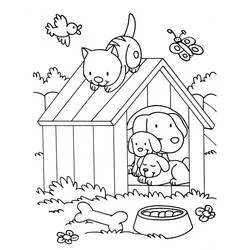 Coloriage Chien et Chat près de la niche