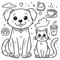 Coloriage Chien et Chat assis côte à côte