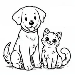 Coloriage Chien et chat assis côte à côte
