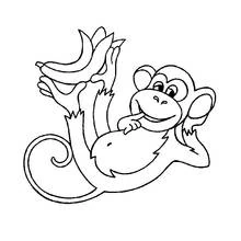 Coloriage Chimpanzé allongé tenant des bananes