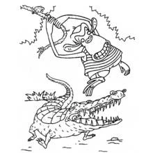 Coloriage Chimpanzé se balançant sur une liane au-dessus d'un crocodile