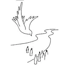 Coloriage Colombe survolant une rivière avec des personnages