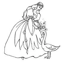 Coloriage Cygne aux côtés d'une princesse en robe longue