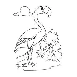 Coloriage Flamant Rose près de l'eau avec un poisson