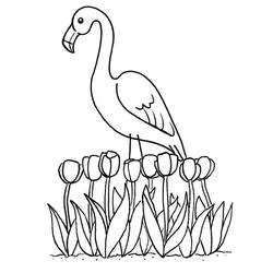 Coloriage Flamant Rose debout parmi les tulipes