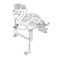 Coloriage Flamant rose glamour avec fleurs et cœurs