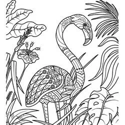 Coloriage Flamant Rose parmi les feuilles tropicales
