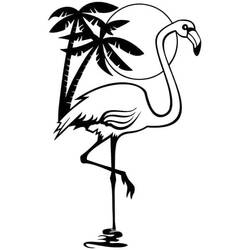 Coloriage Flamant Rose debout près de palmiers et du soleil