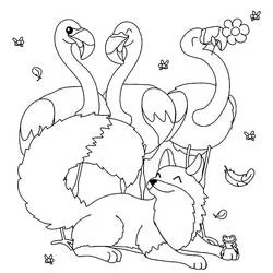 Coloriage Flamant rose avec renard et amis