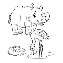 Coloriage Flamant Rose buvant près d'un rhinocéros