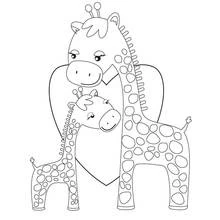 Coloriage Girafe adulte et son petit devant un cœur